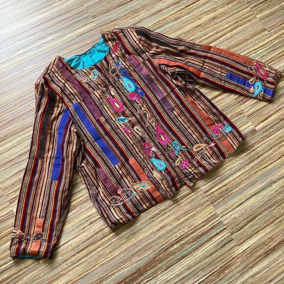 Embellished Patchwork Jacket Blazer Multi Color Stripe Embroidery & Sequins - Picture 3 of 7